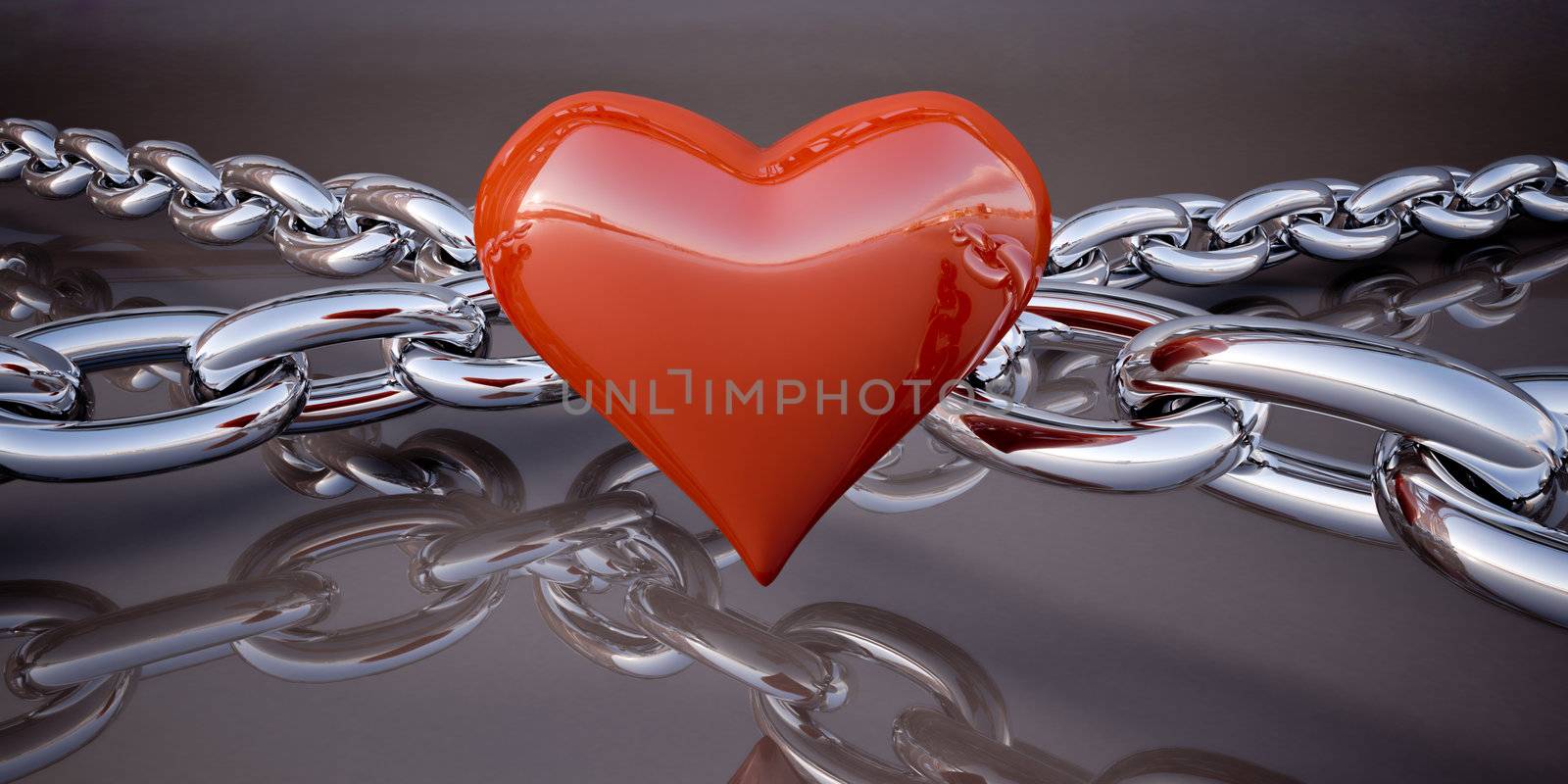 Shiny red heart and a chain on a dark gray background