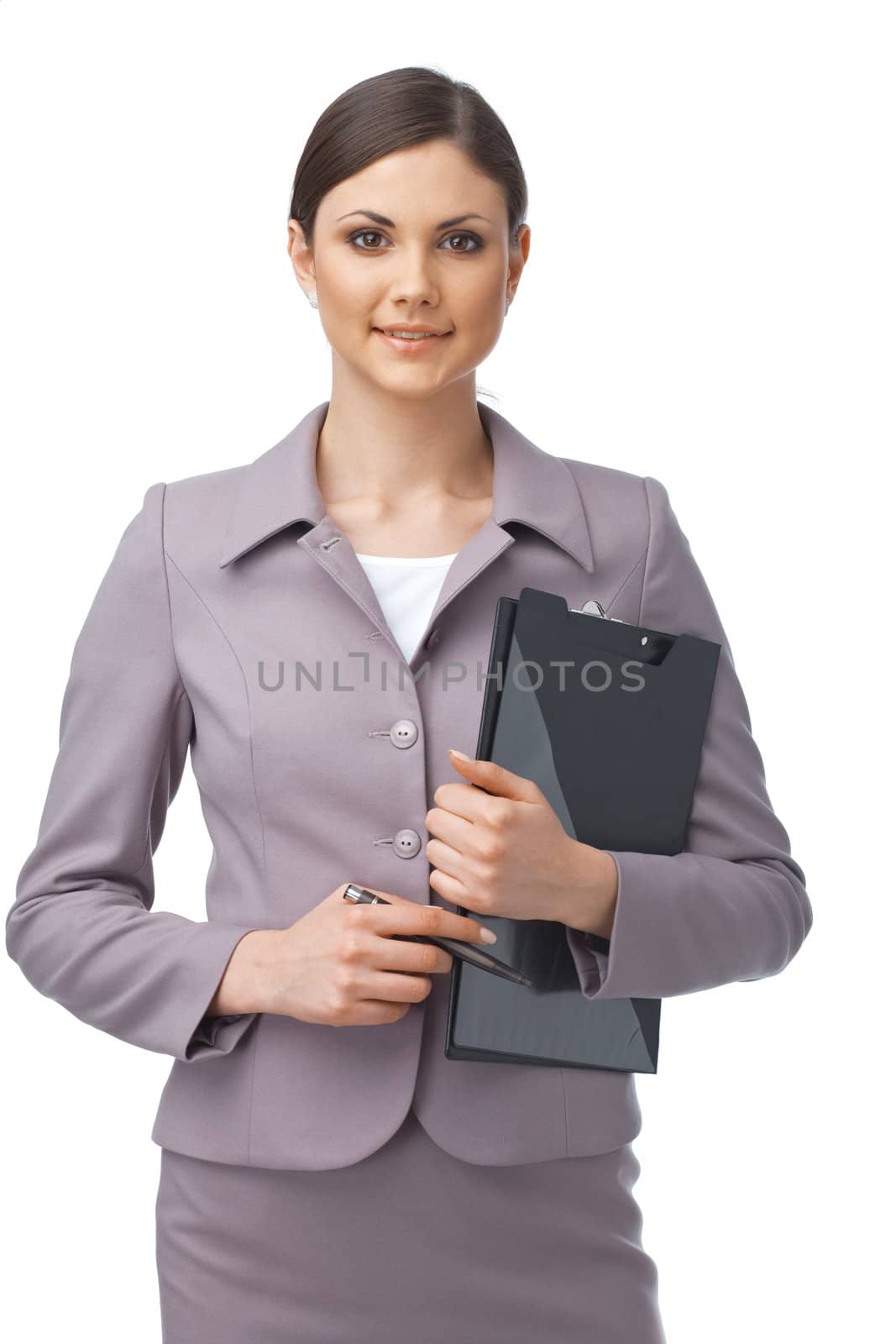 Portrait of a young confident businesswoman holding a clipboard