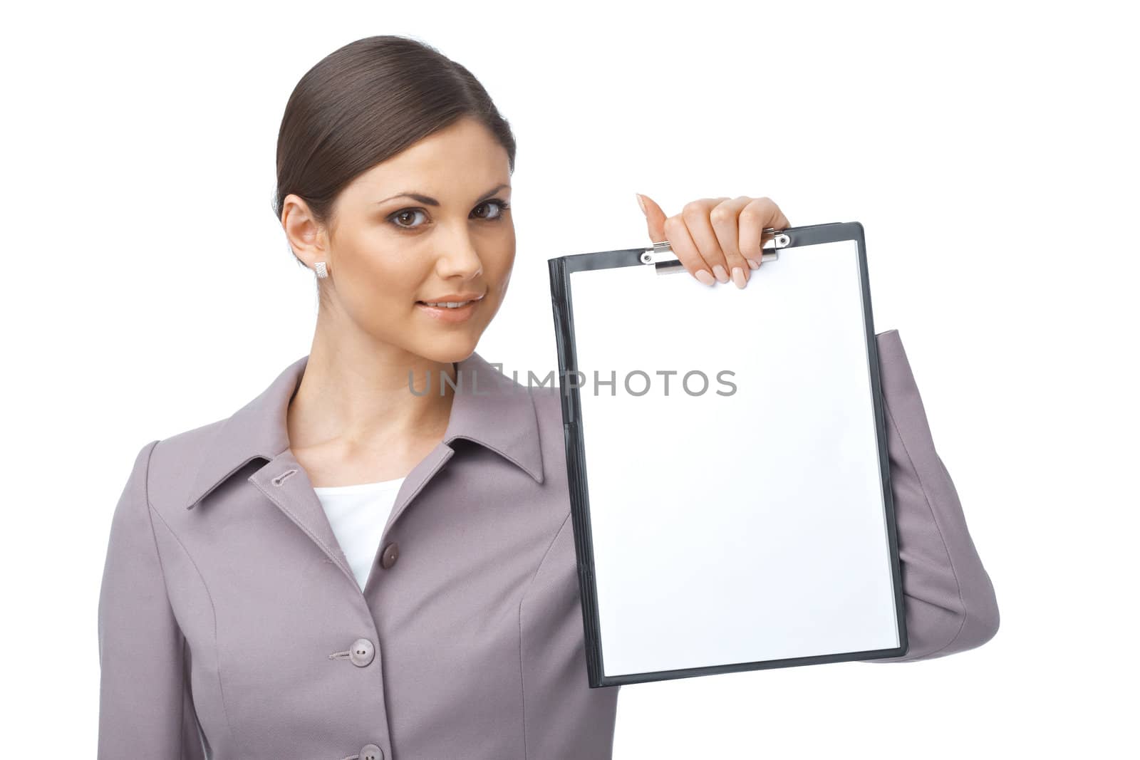 Businesswoman with empty clipboard by romanshyshak