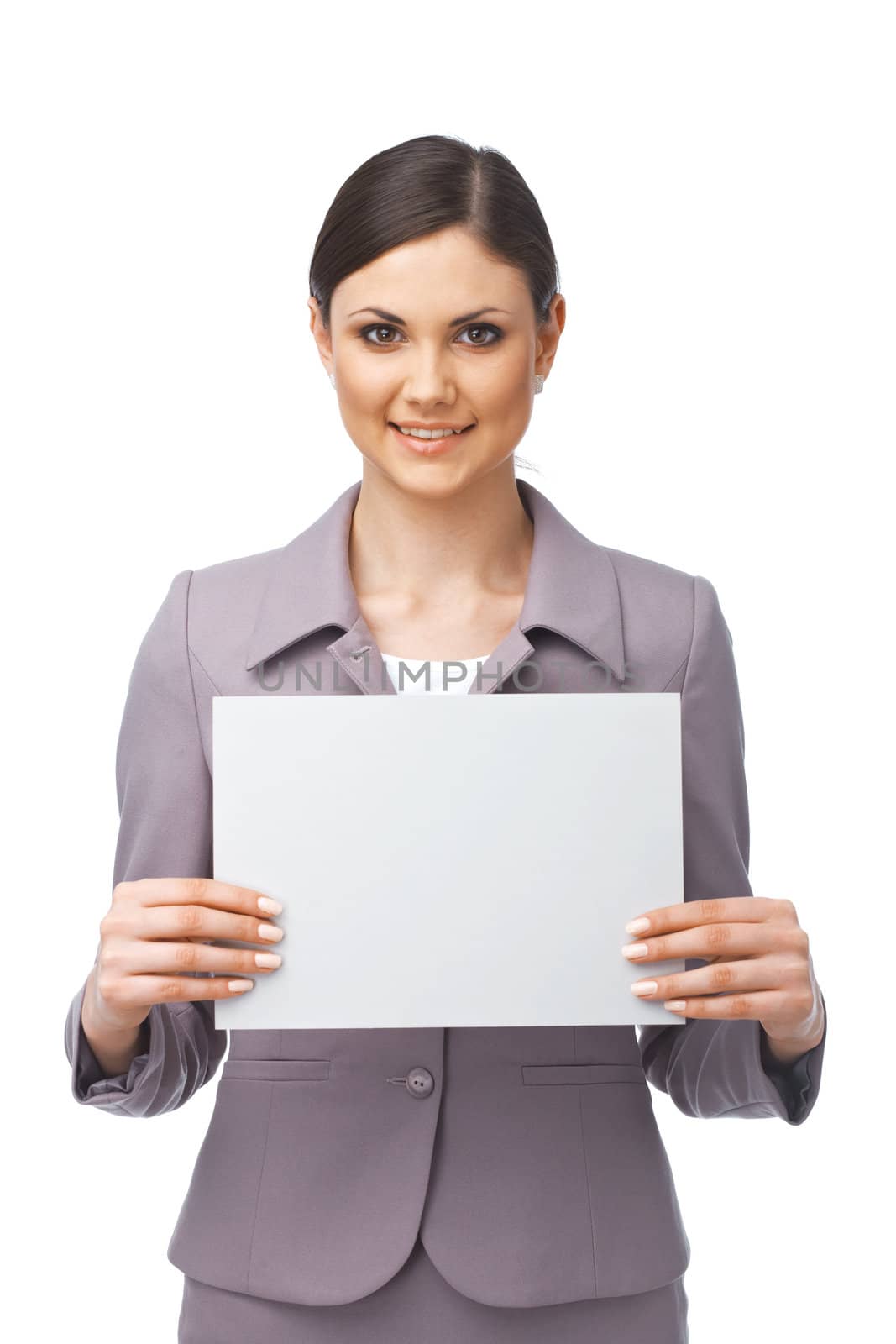 Businesswoman holding an empty billboard over white background