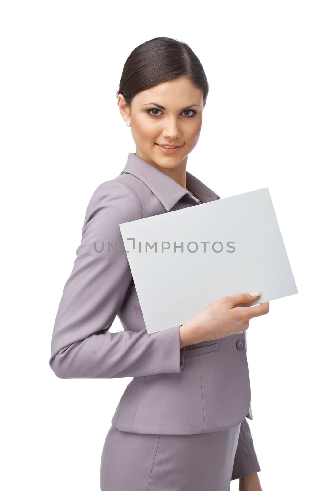  Portrait of an attractive young business woman holding an empty billboard 