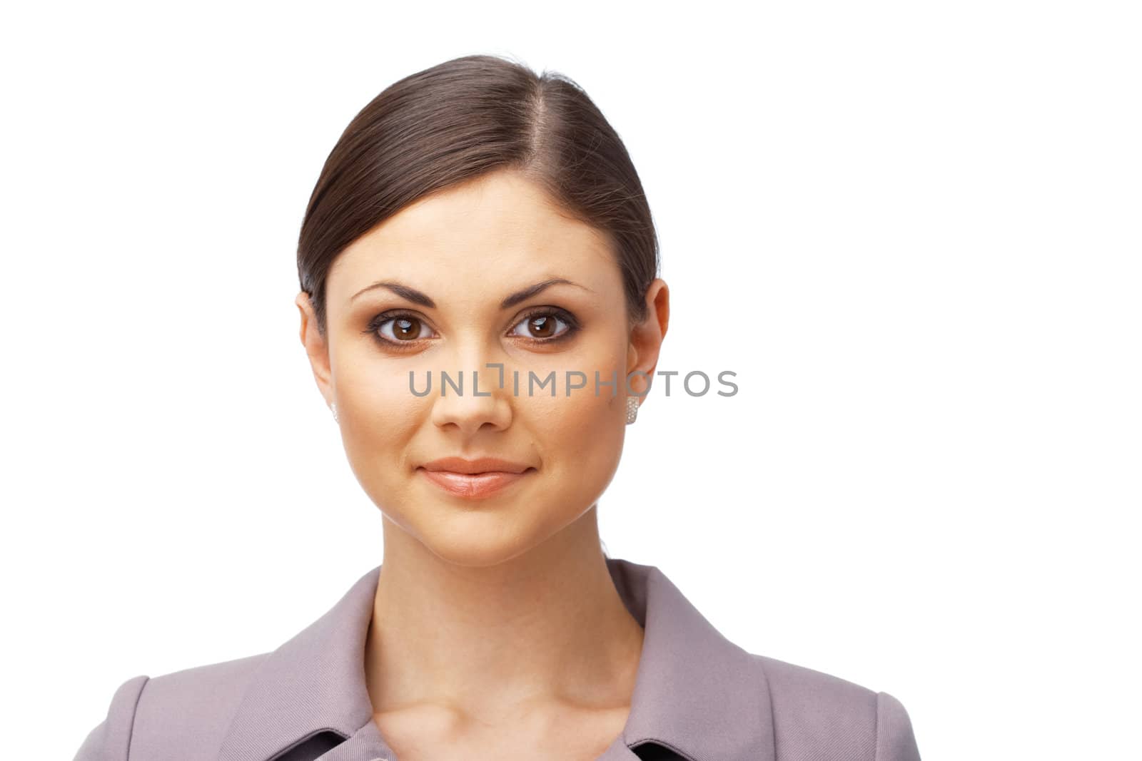  Pretty young business woman  looking at you on white background 