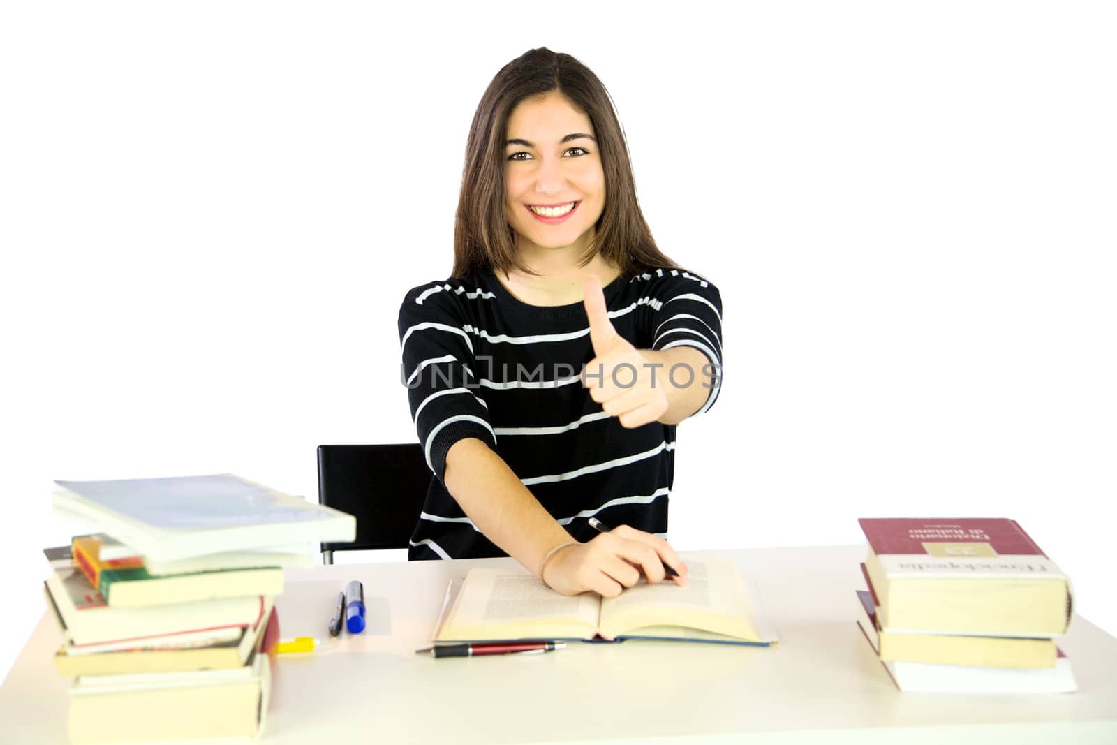 Beautiful student with books thumb up by fmarsicano