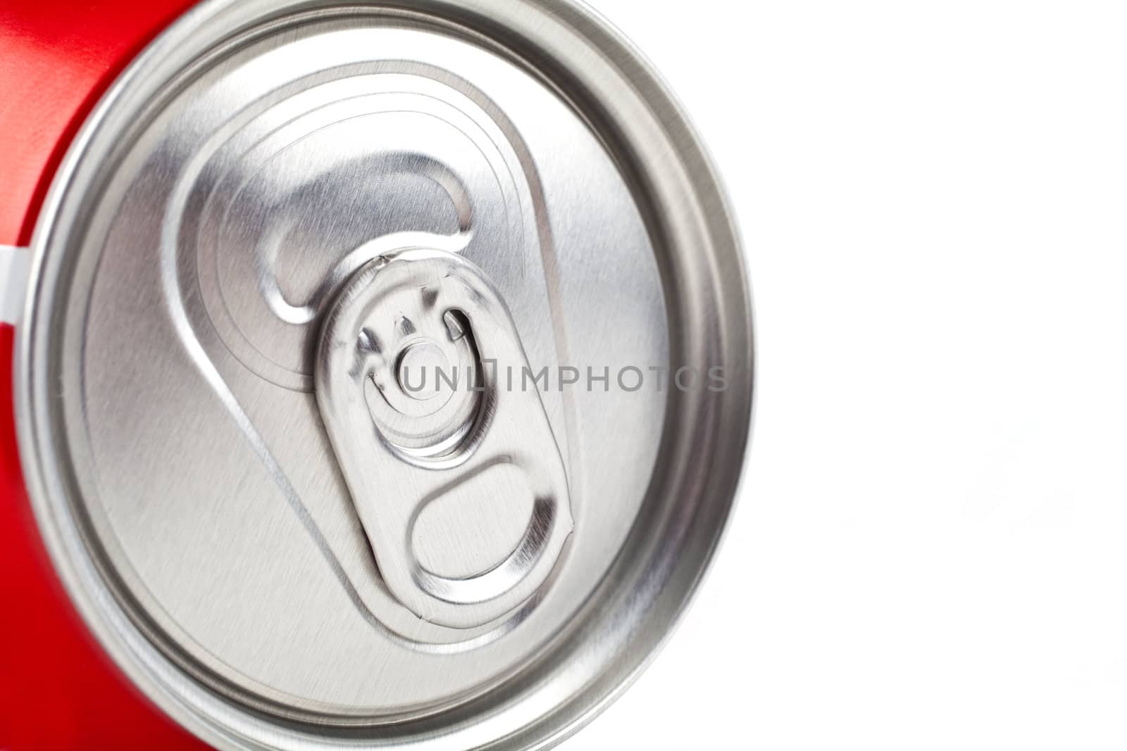 Top of a drinks can over a white background.