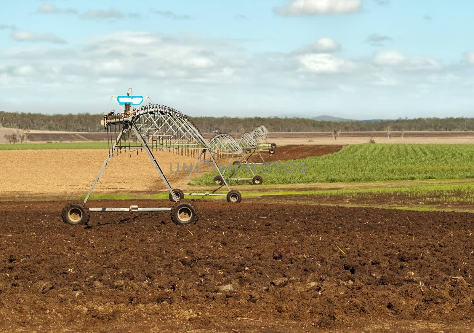 Australian agriculture scene rural irrigation on sugar cane farm ploughed land