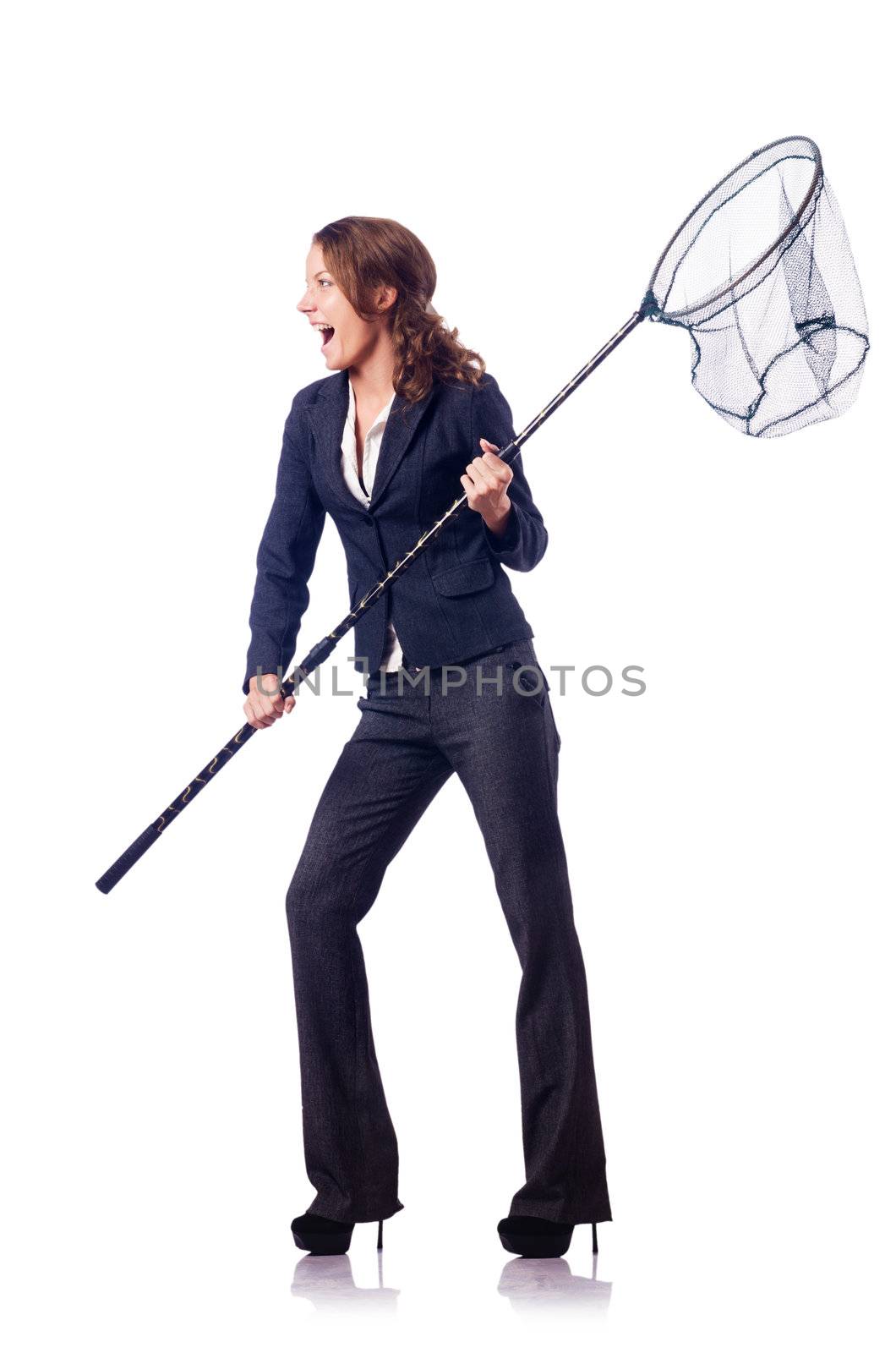 Woman with net isolated on white