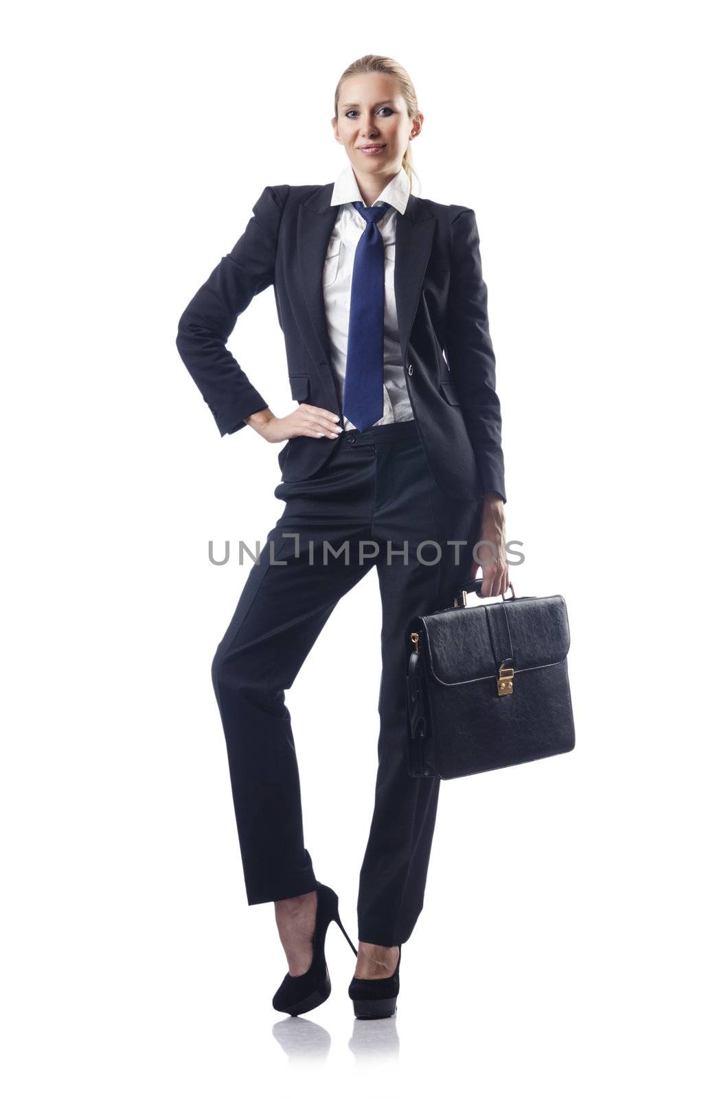Businesswoman with briefcase on white