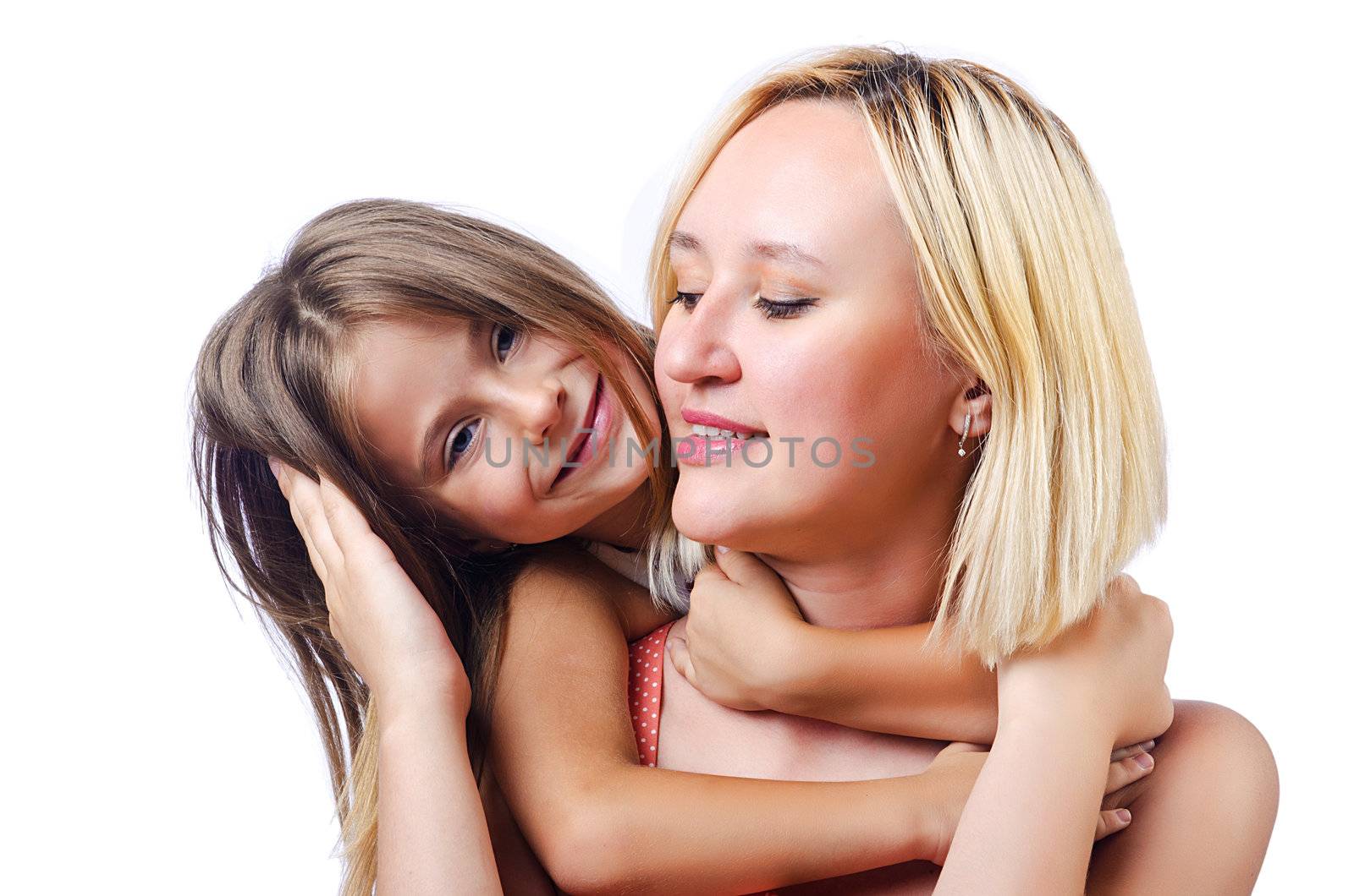 Happy mom and daughter on white