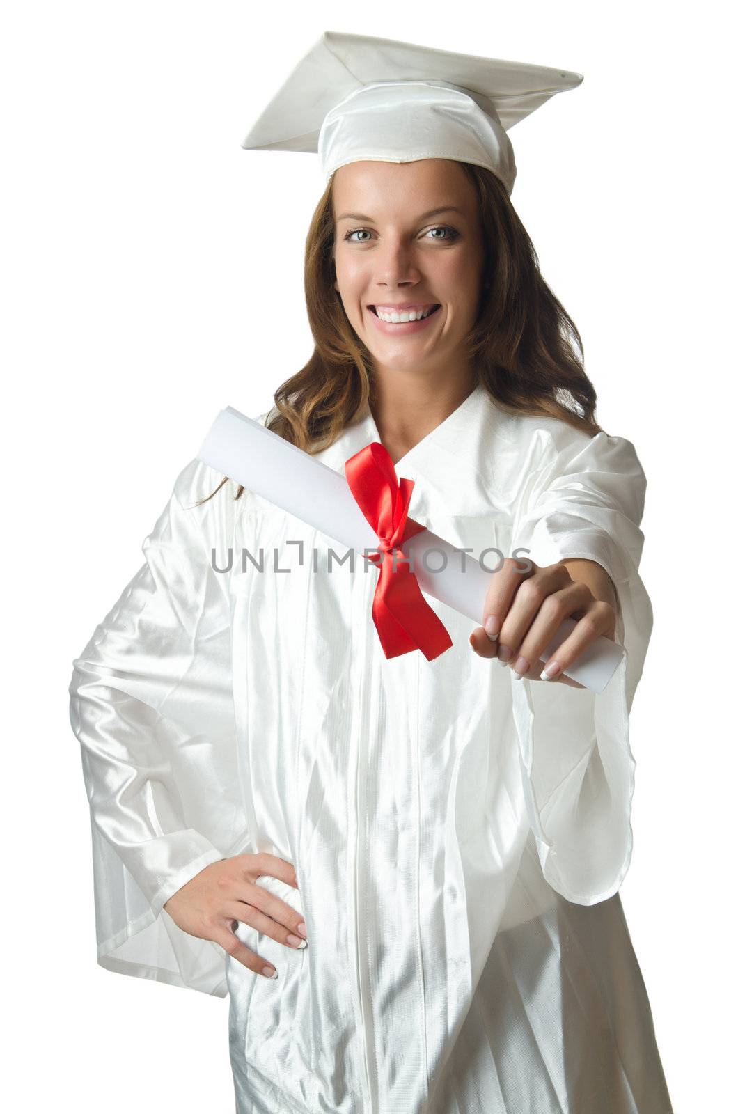 Young student with diploma on white