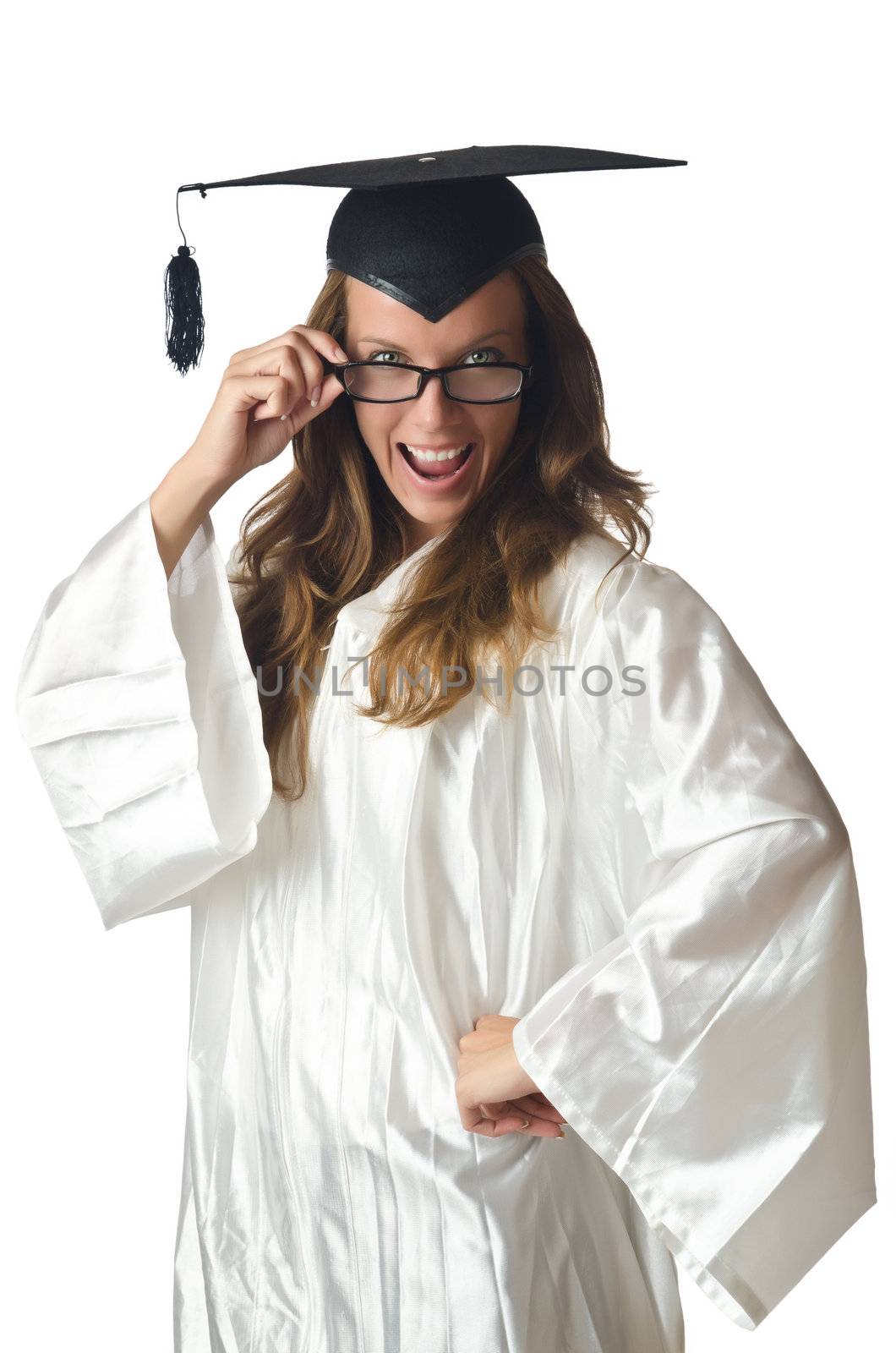 Young student with diploma on white