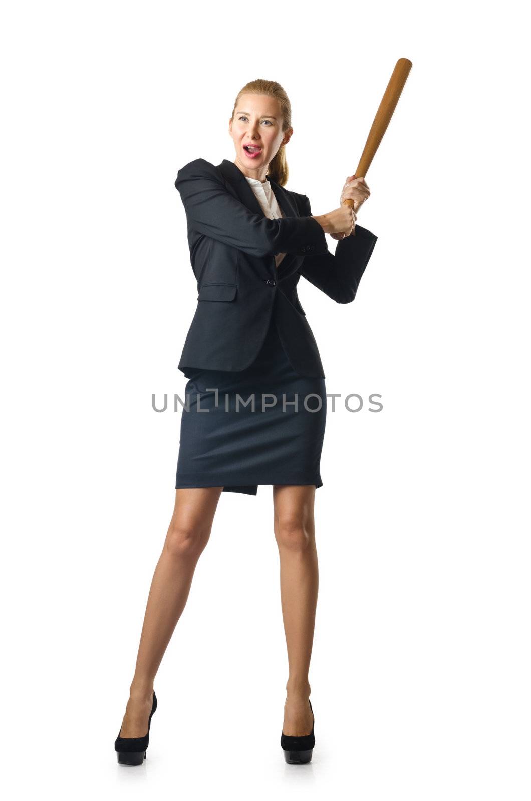 Businesswoman with baseball bat on white
