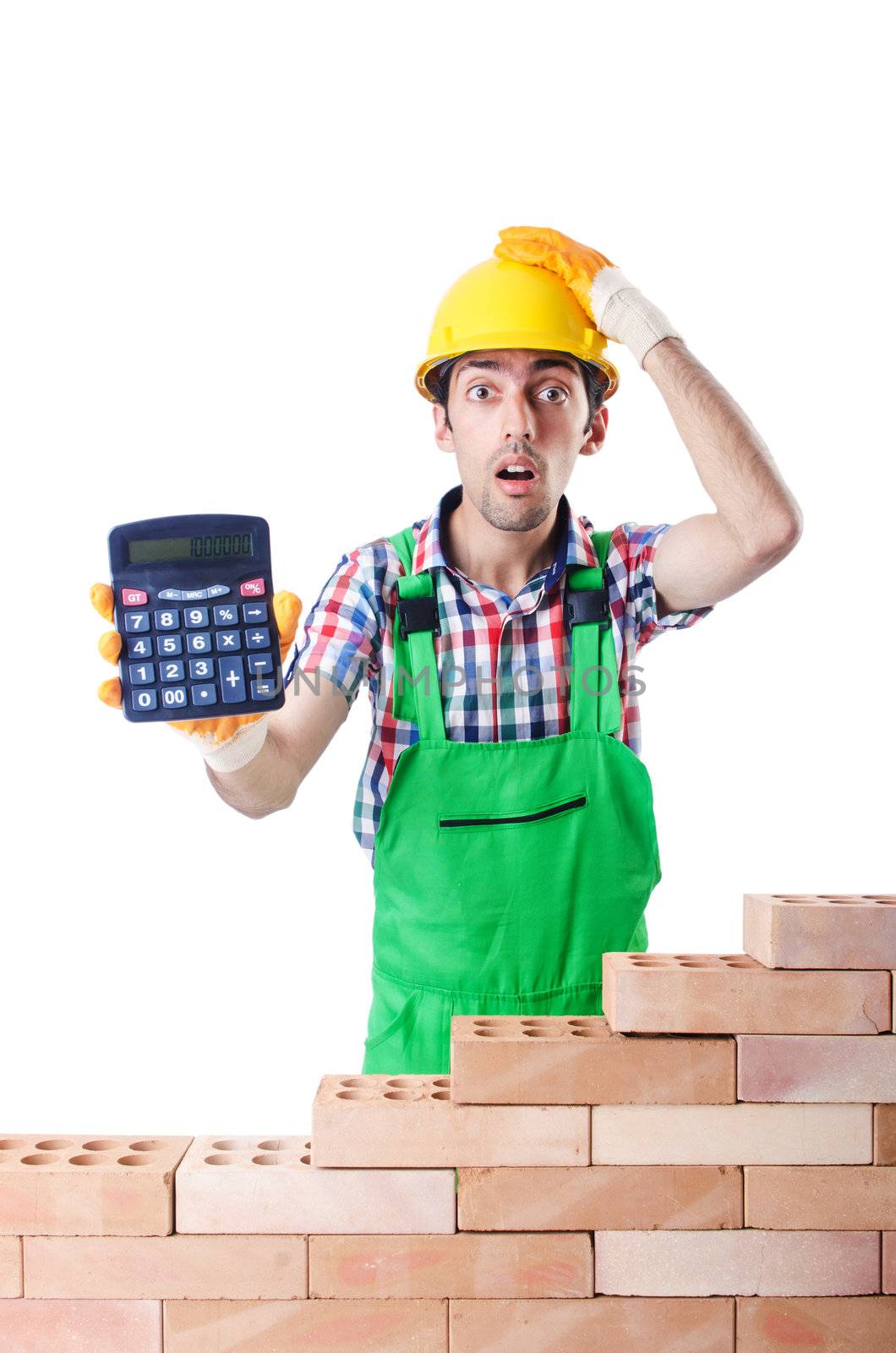 Expensive construction concept with builder and calculator