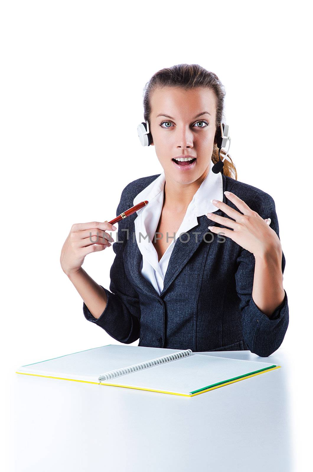Female helpdesk operator on white