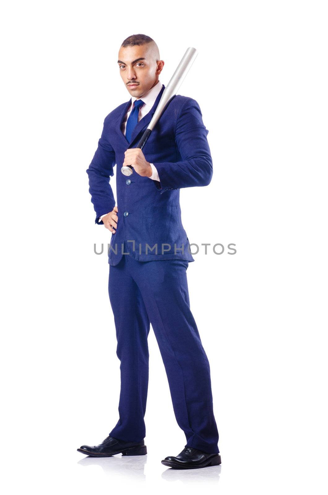 Handsome businessman with bat on white