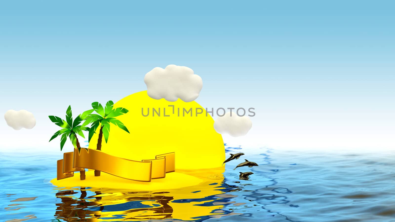 tropical island with palm and golden ribbon by merzavka