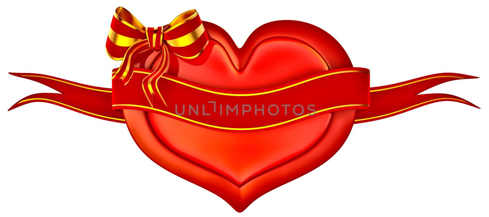 3D heart with bow and ribbon on a white background