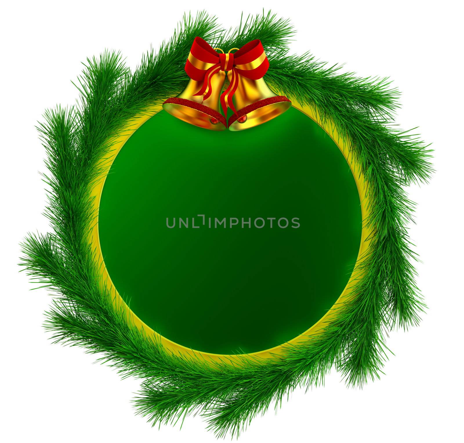 3D rendering of green Christmas frame with red bow, two bells and decorative green fir-tree branches for writing best wishes