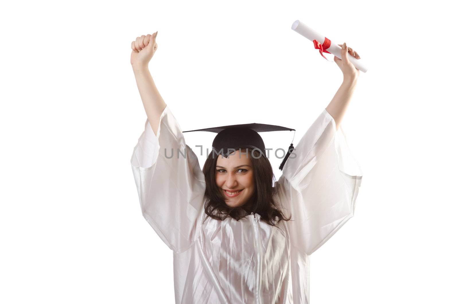 Graduate with diploma on white by Elnur