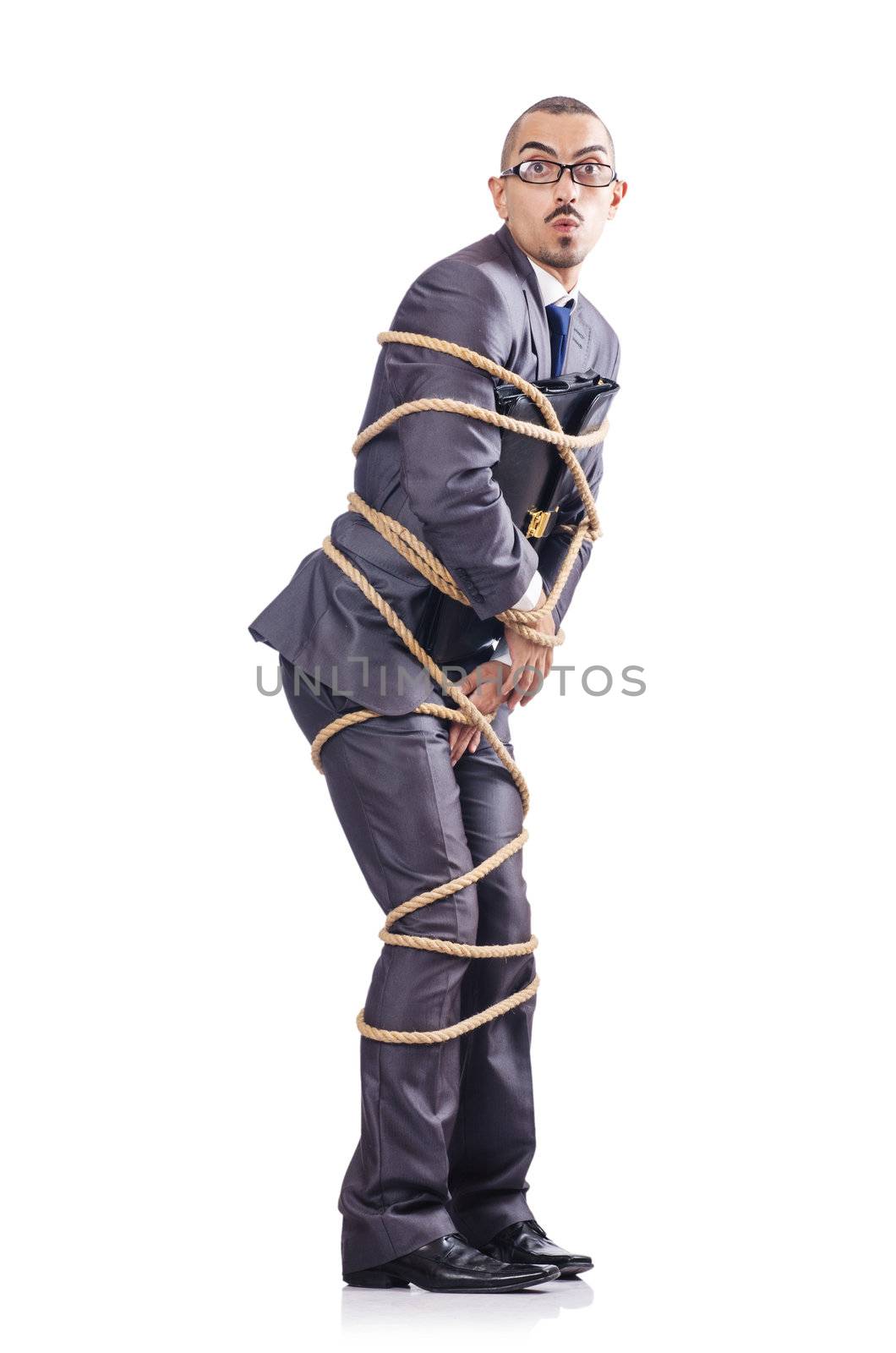 Businessman tied up with rope