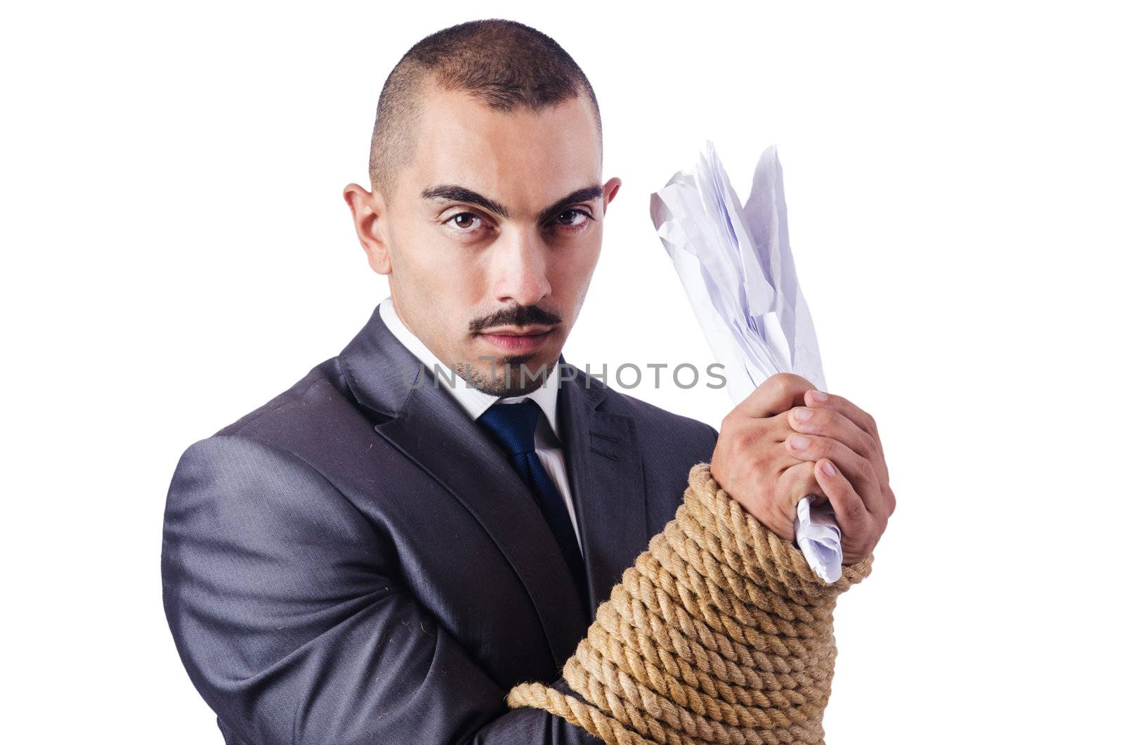 Businessman tied up with rope