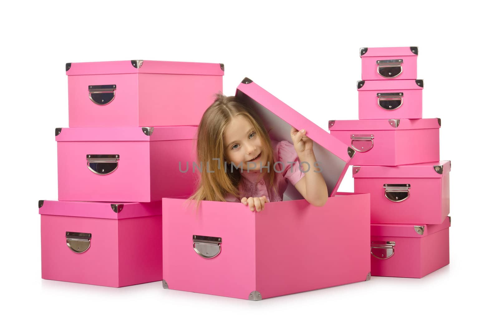 Little cute girl with lots of boxes