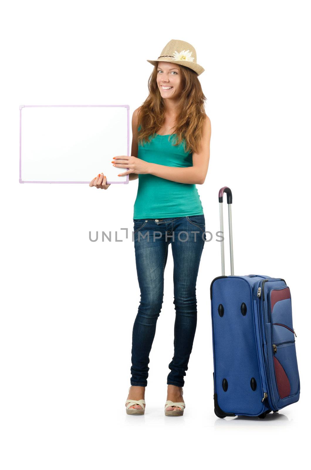 Young traveller with blank board