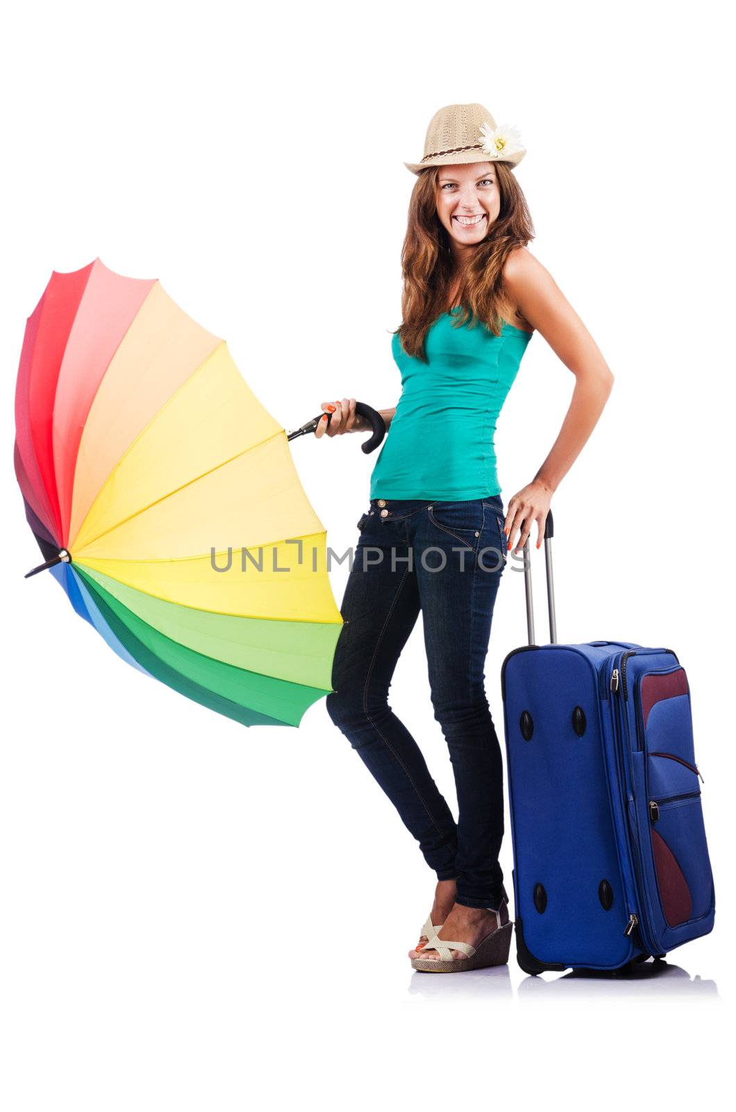 Woman going to summer vacation with suitcase by Elnur