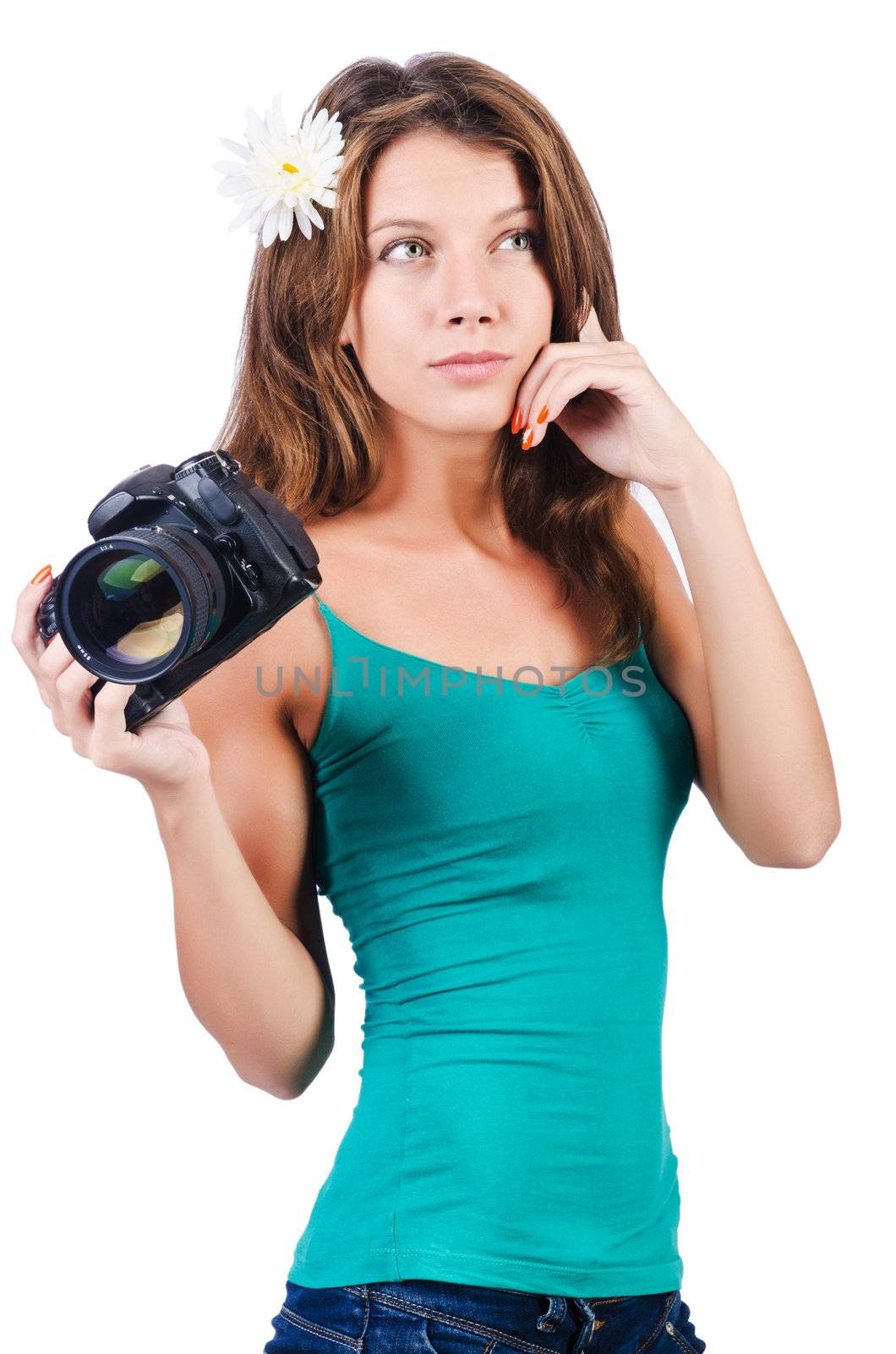 Attractive female photographer on white