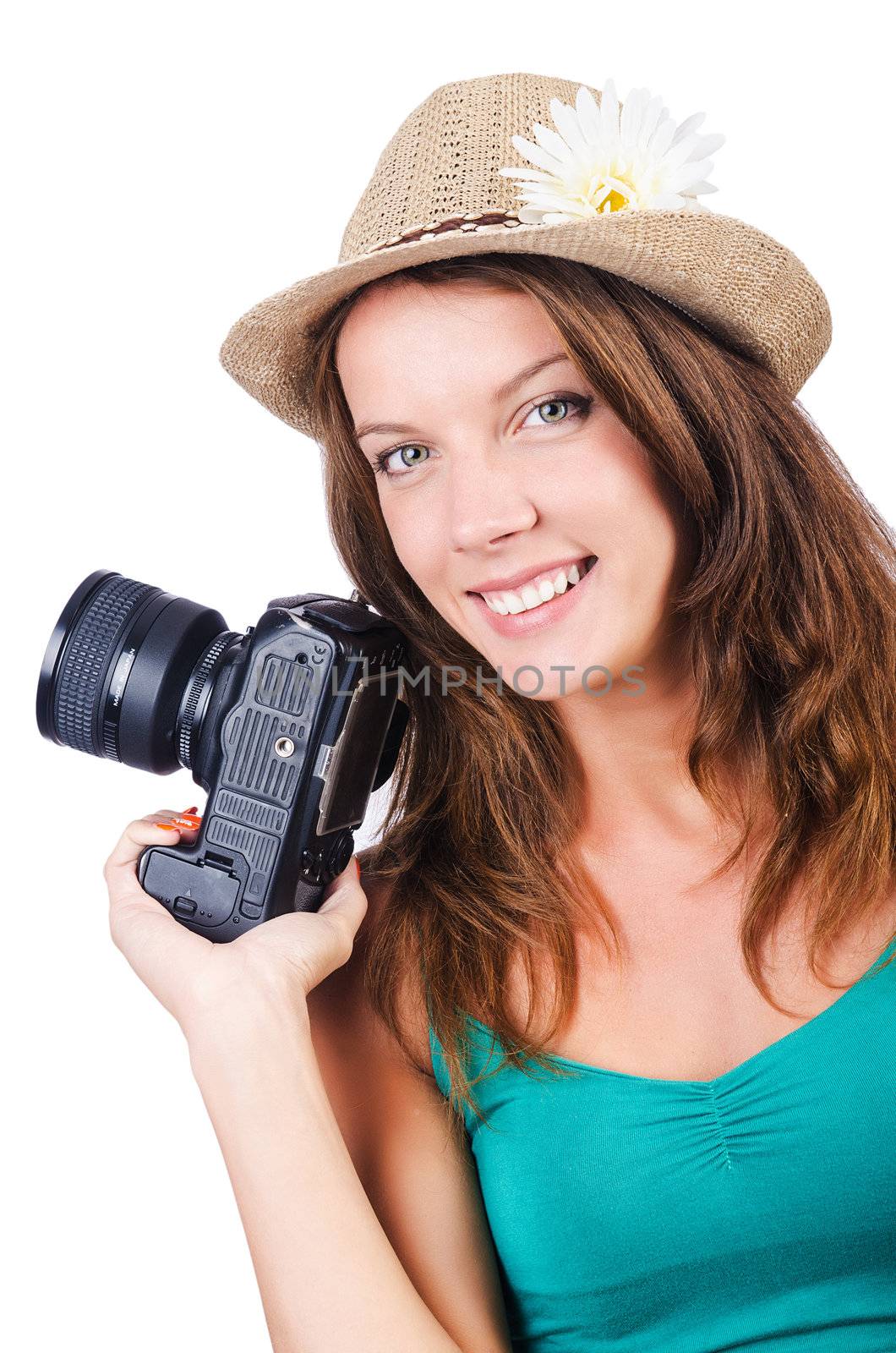 Attractive female photographer on white