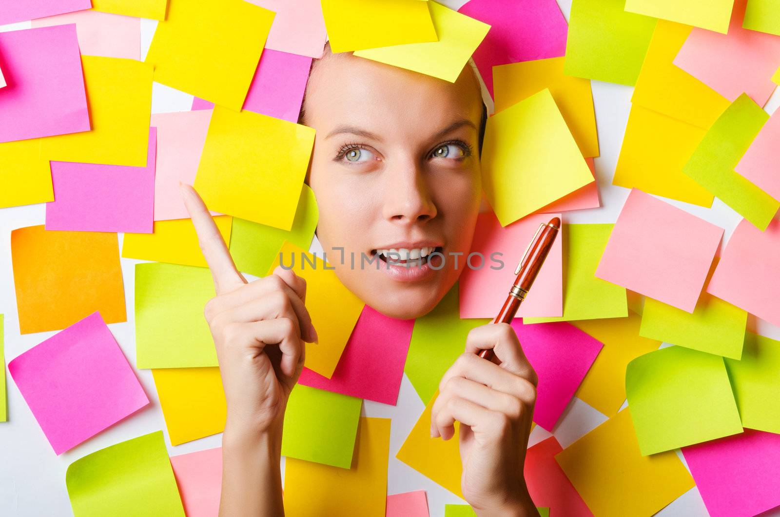 Woman with lots of reminder notes