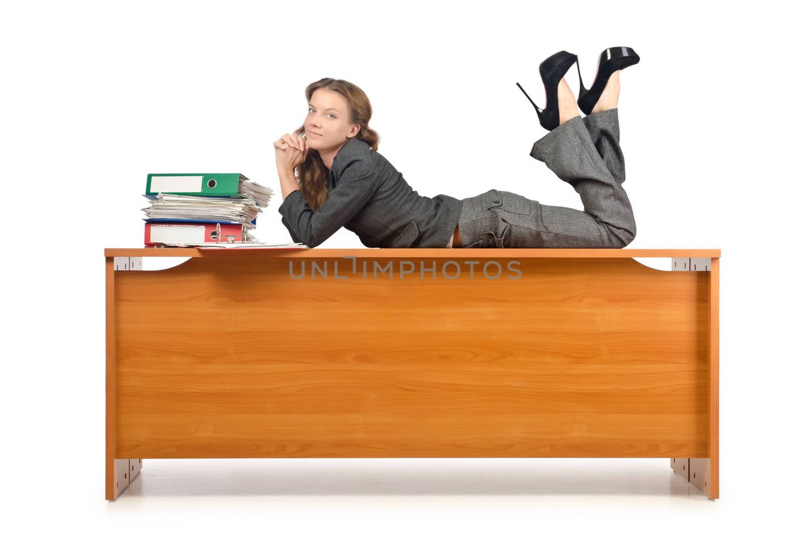 Busy businesswoman isolated on the white