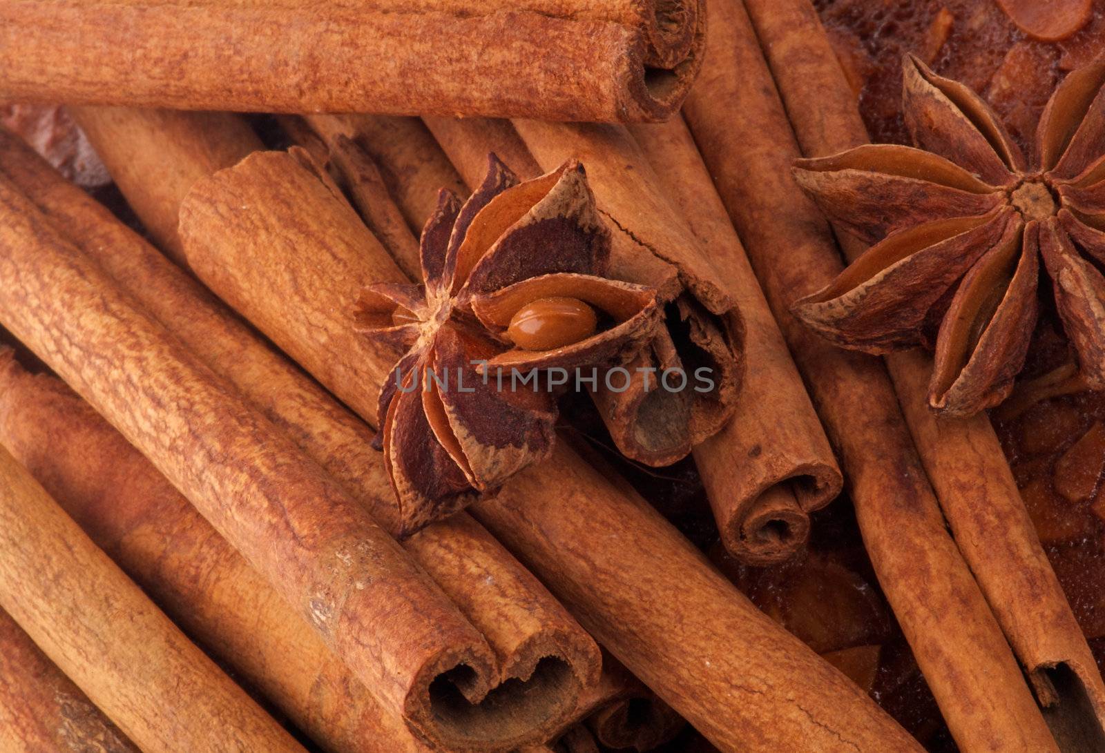 Background of Cinnamon Sticks and Anise closeup