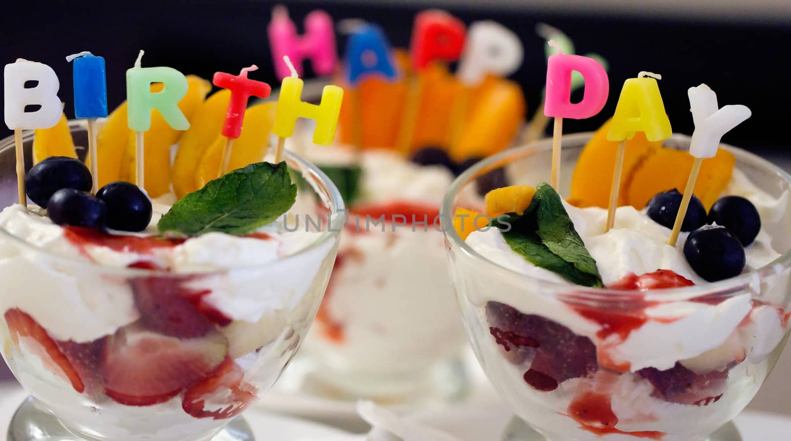 dessert with candles with the words "Happy Birthday"