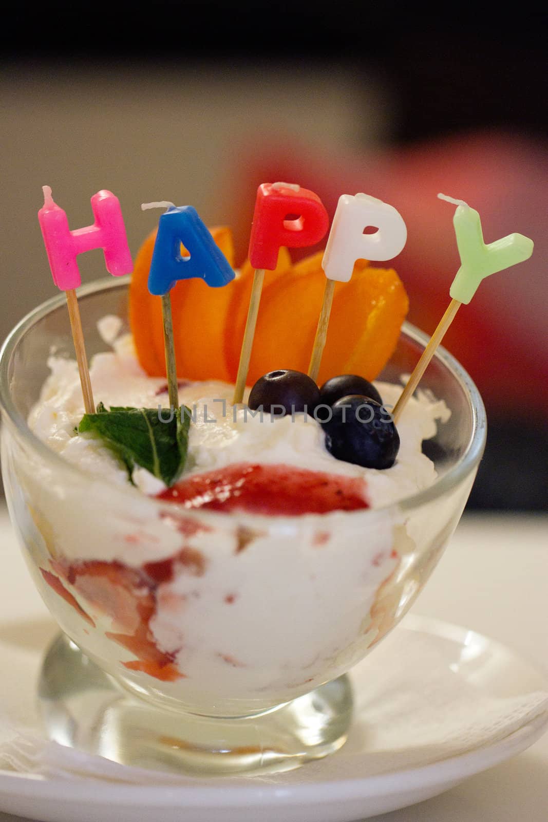 dessert with candles with the words "Happy"