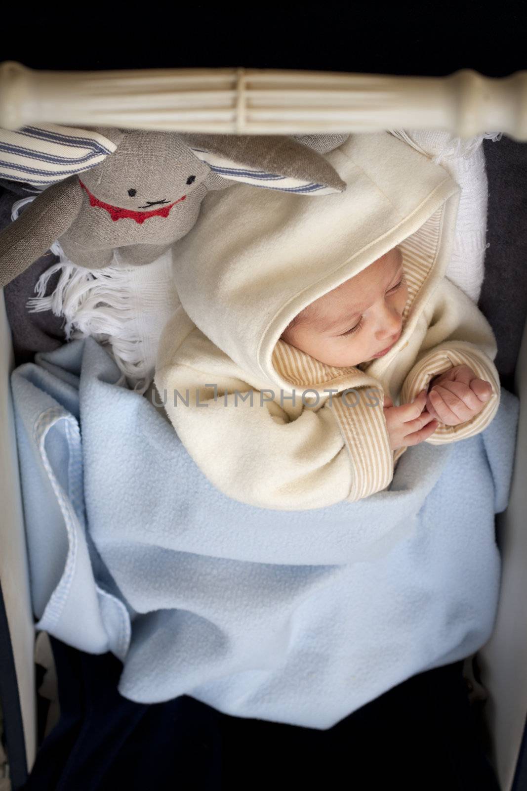 Newborn tucked into a baby stroller with a rabbit soft toy, warm and cuddly with a cardigan with a hood 