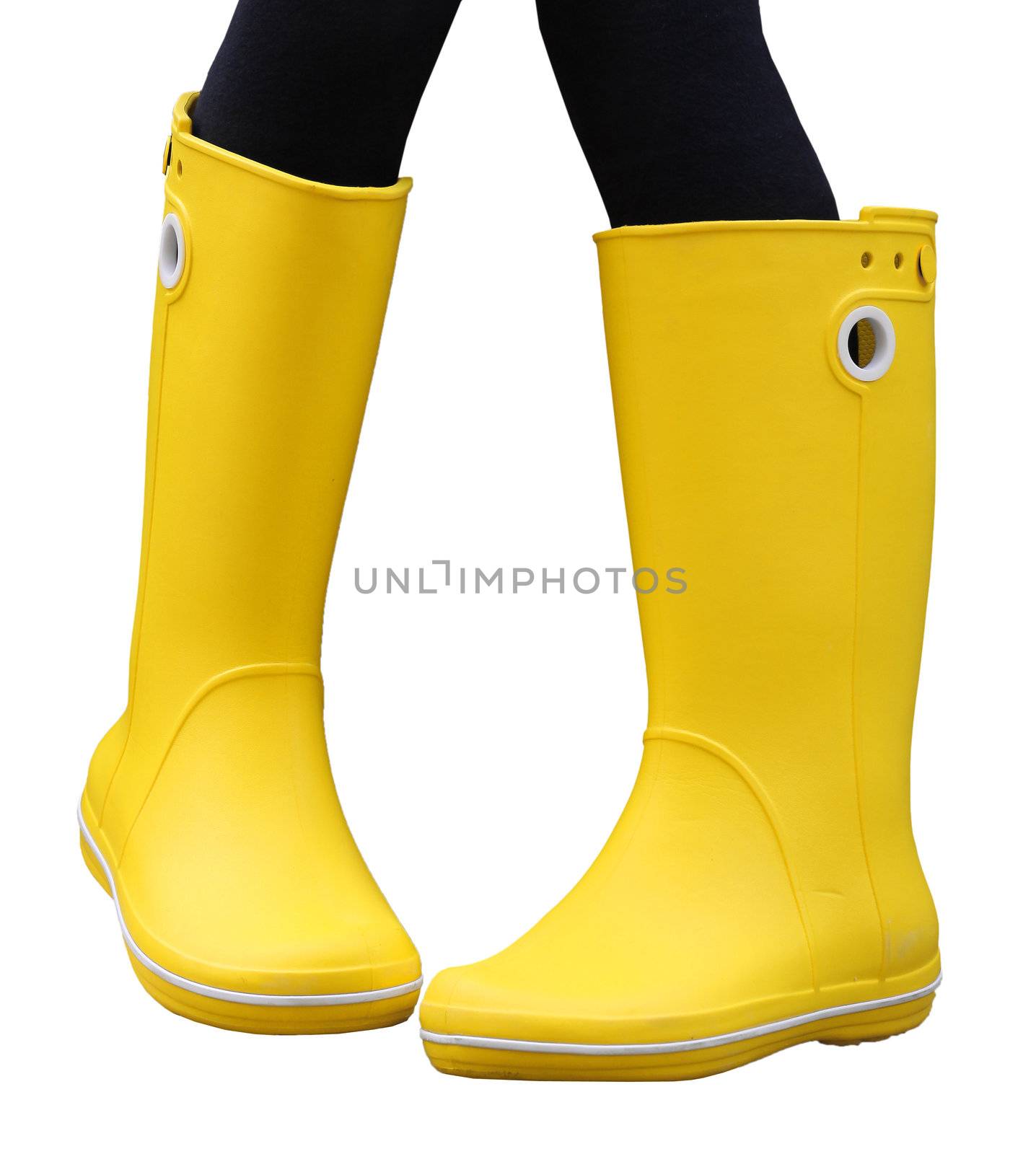 A pair of yellow rubber boots, isolated on white. With black legs