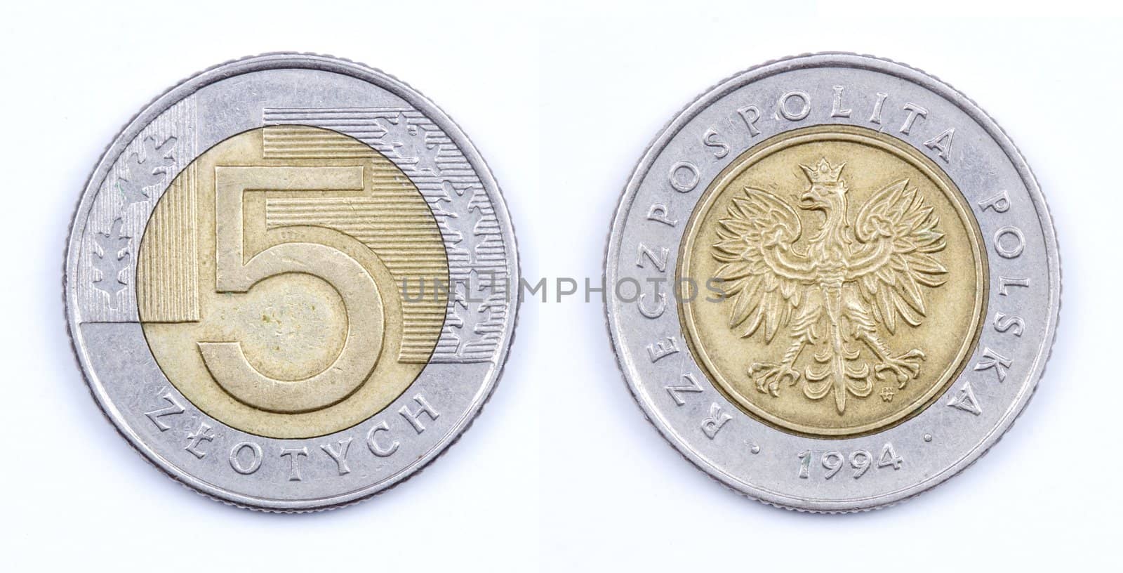 Old Polish money isolated. 5 Zloty coin 1994