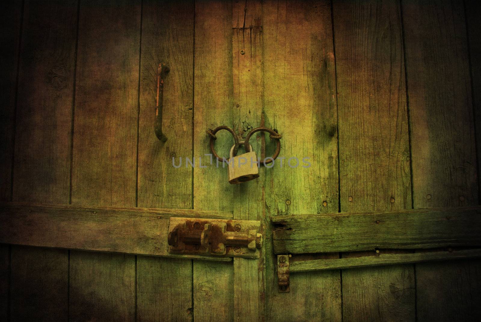 Locked wooden door with padlock