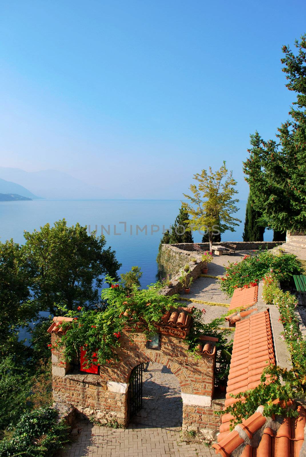 Ohrid lake, A view from the hill on the yard/garden of church St. John Kaneo and the lake of Ohrid