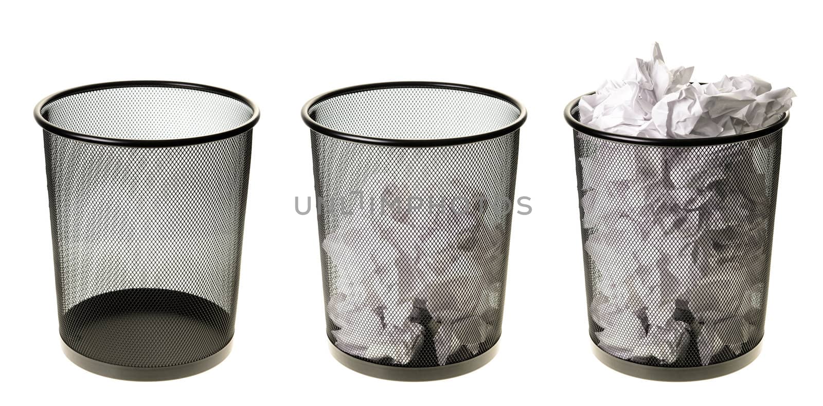Three garbage cans going from empty to full, isolated on a white background.