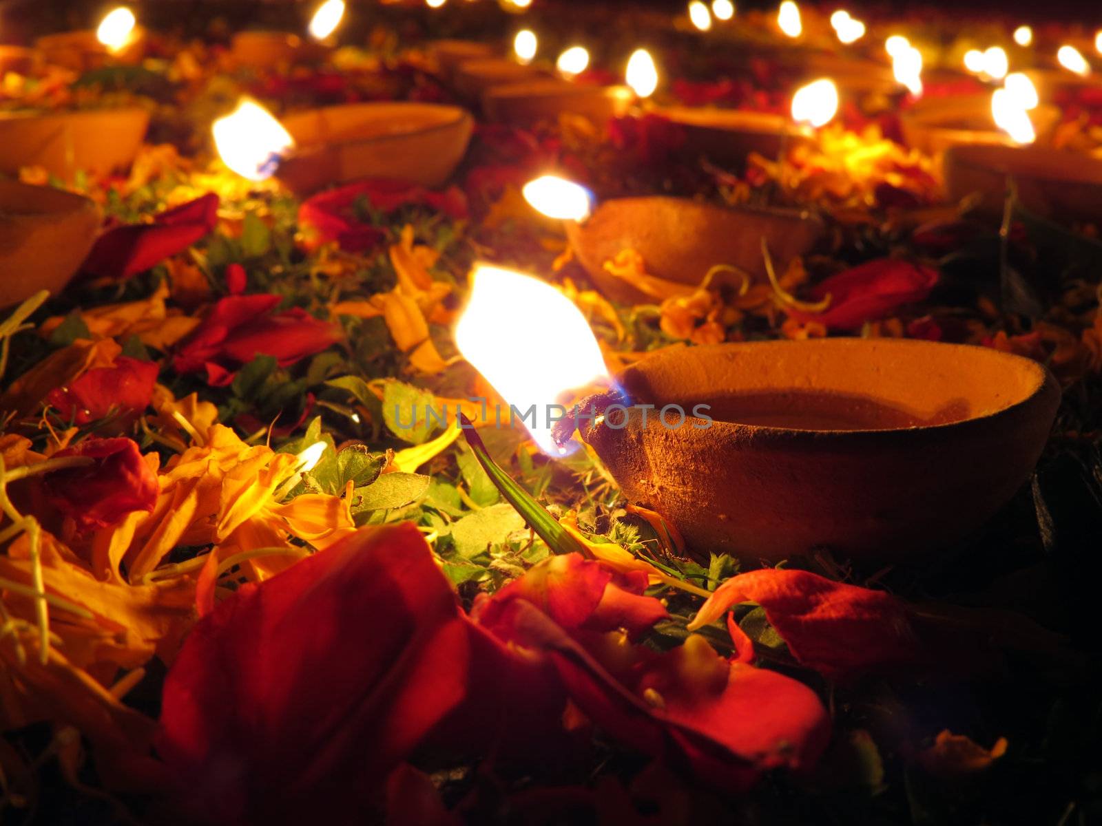 Traditional earthen oil lamps lit with flowers and petals for a holy ritual during Diwali festival in India.                               