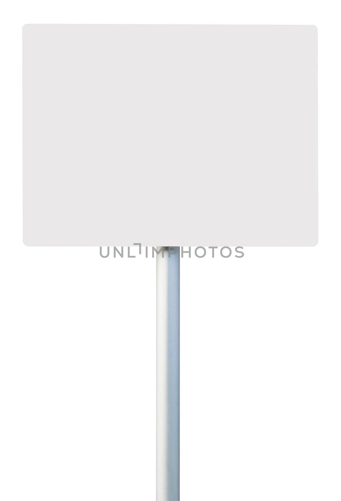 white square sign on post pole (isolated on white background, ready for your design)