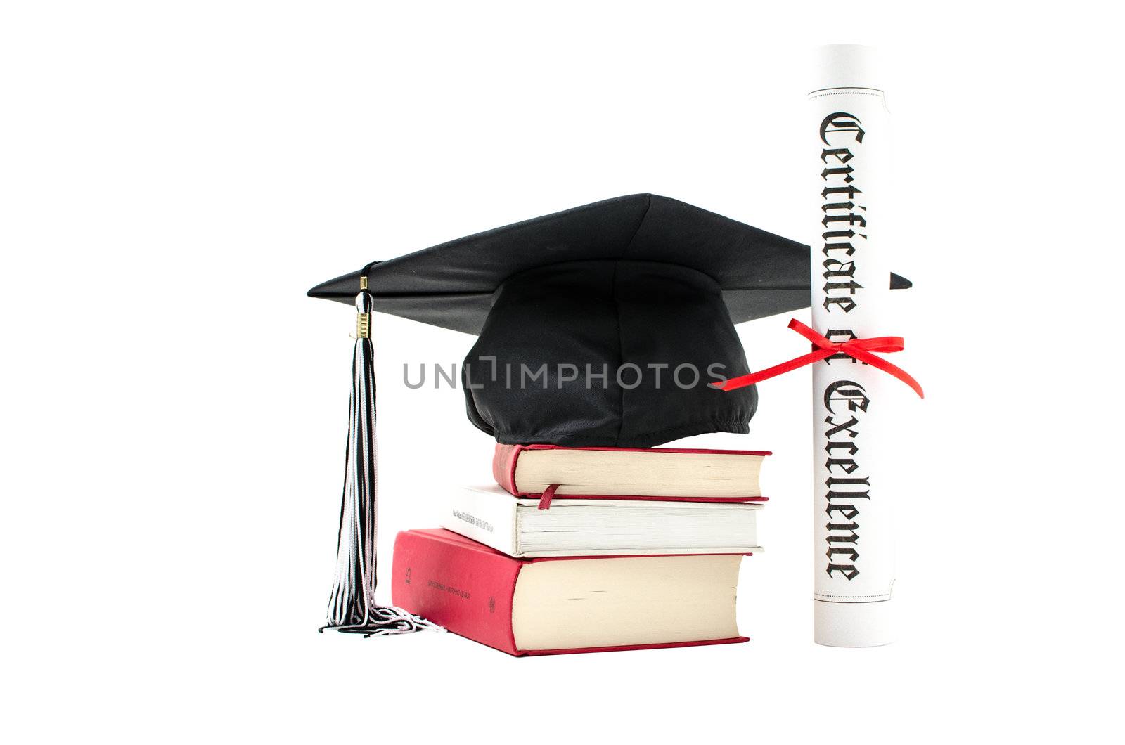 Stack of books with cap and diploma on white background