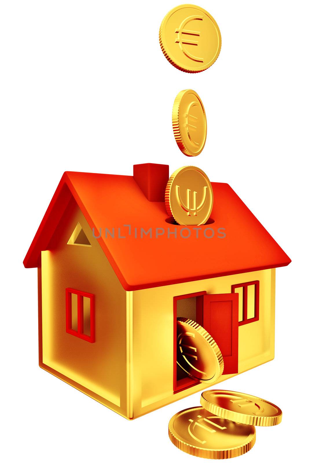 euro coins falling down into a piggy-bank in the form of a gilded house as a symbol of the accumulation