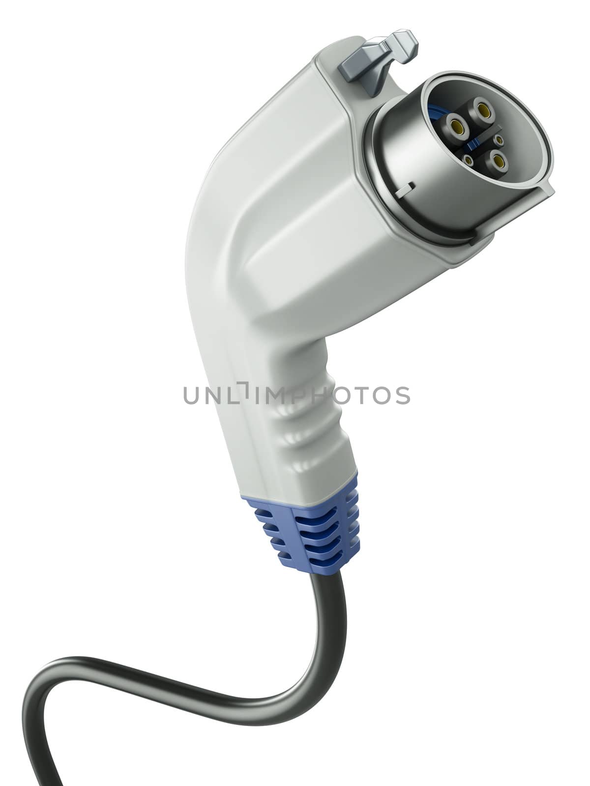Closeup of electric car charging plug isolated on a white background. 3D render.

