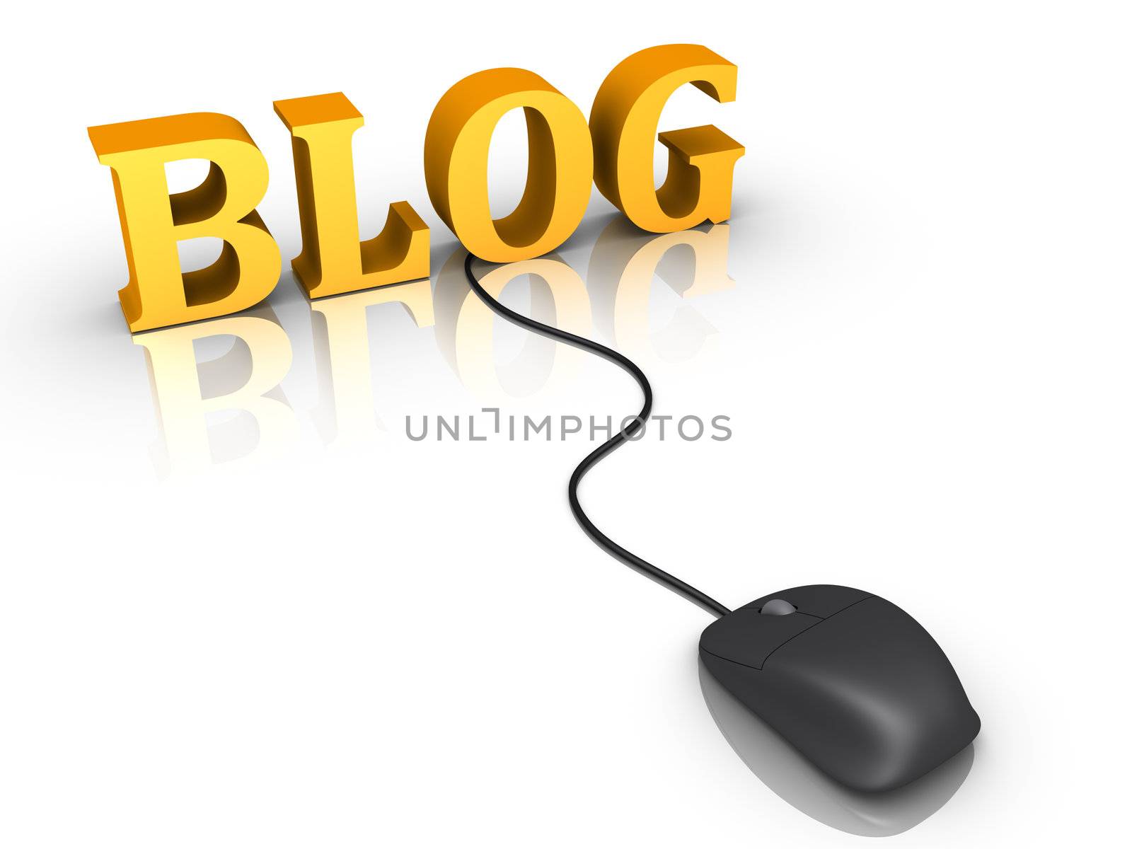 3d blog word and a mouse with cable is connected to it