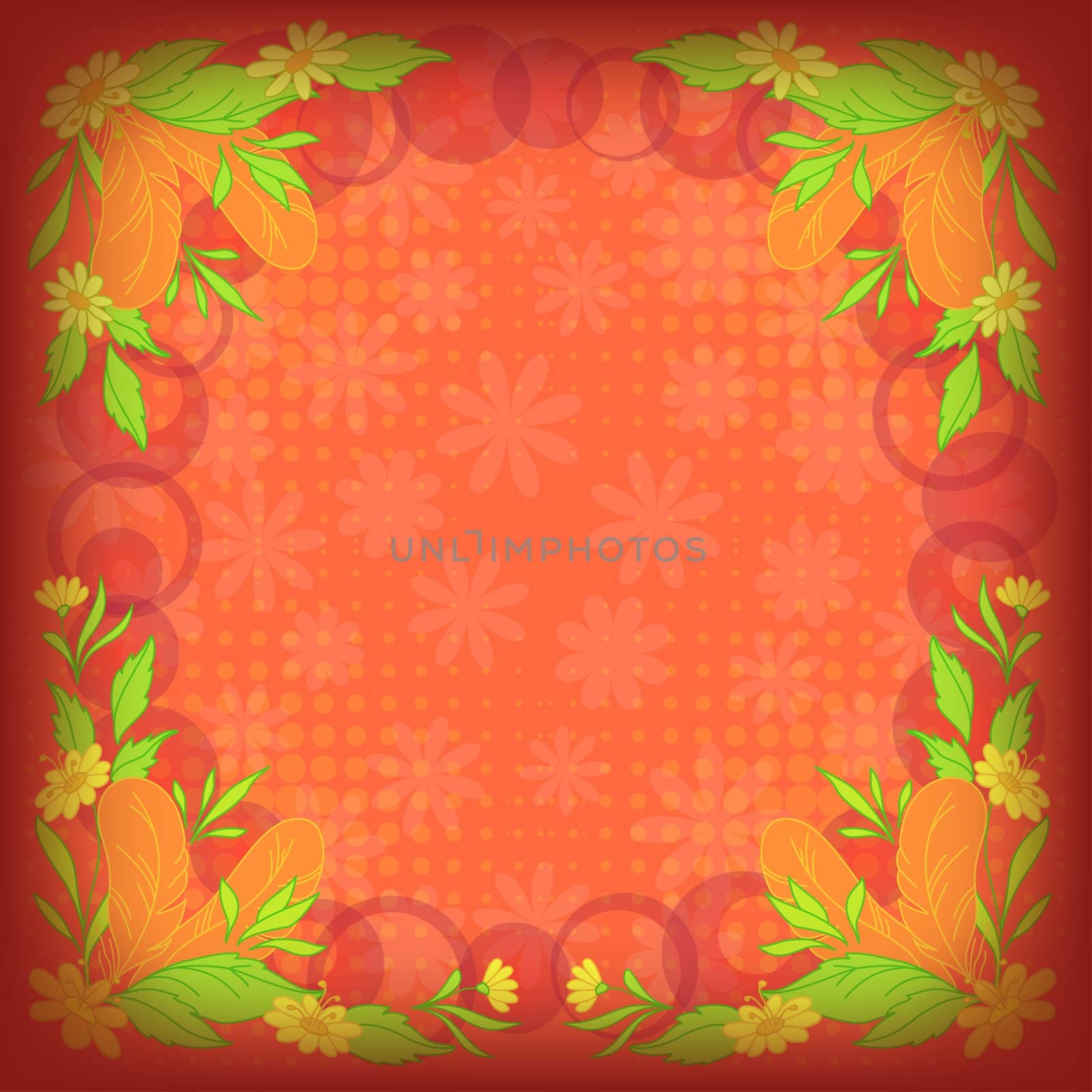 Abstract floral background: leaves, flowers, feathers and circles on red
