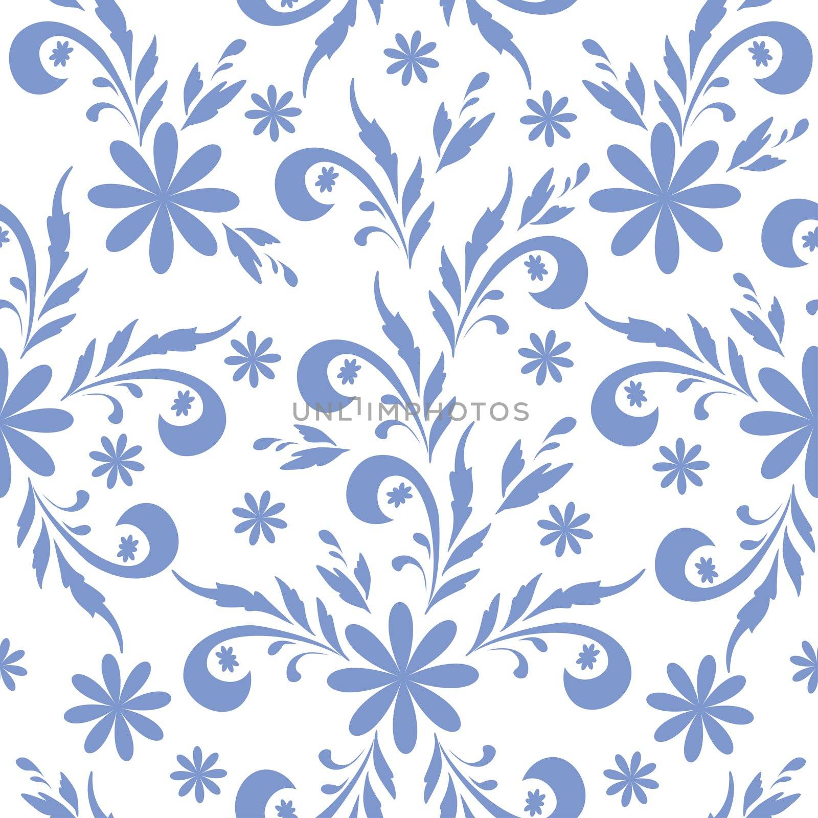 Seamless floral background, blue symbolical silhouette flowers on white