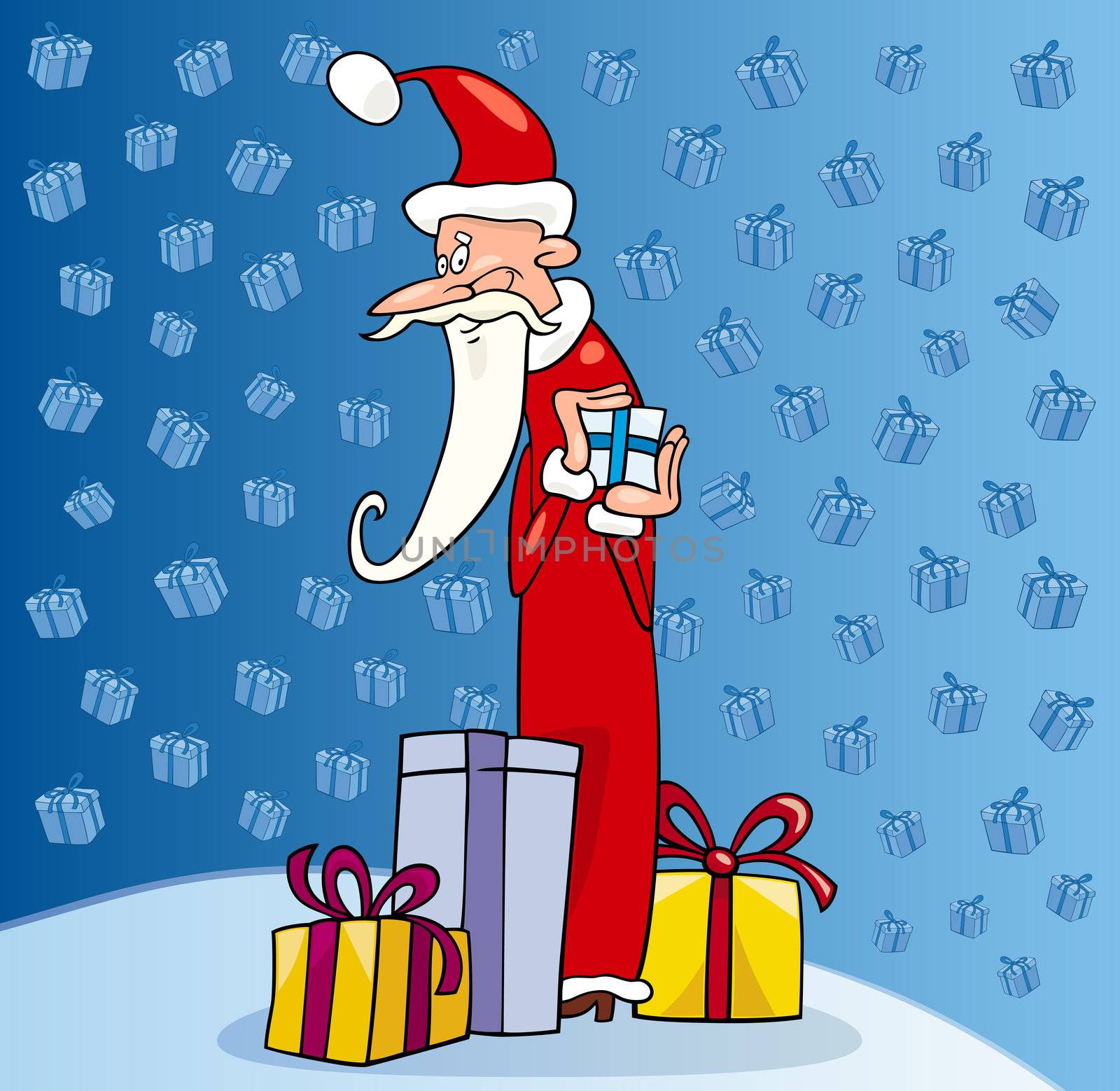 Cartoon Illustration of Funny Santa Claus or Papa Noel with Christmas Presents and Gifts