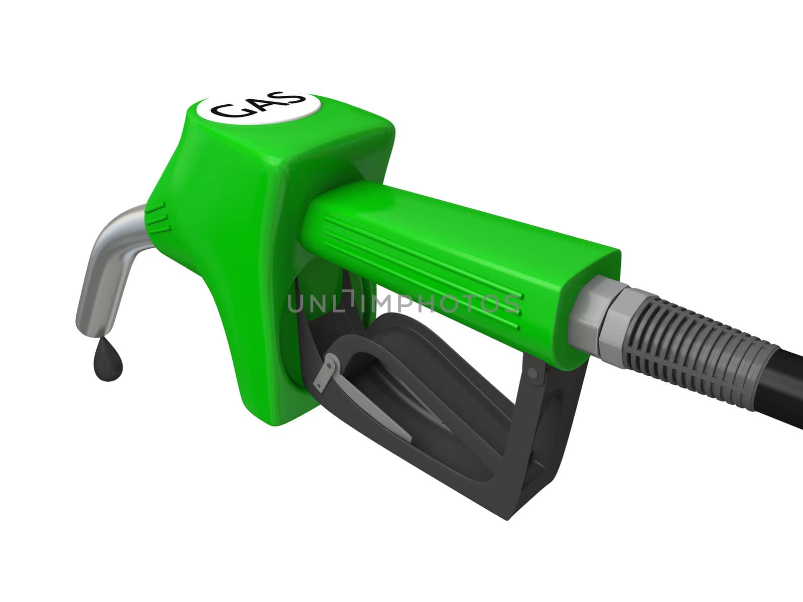 Illustration of green fuel pump nozzle with oil drop isolated on white background